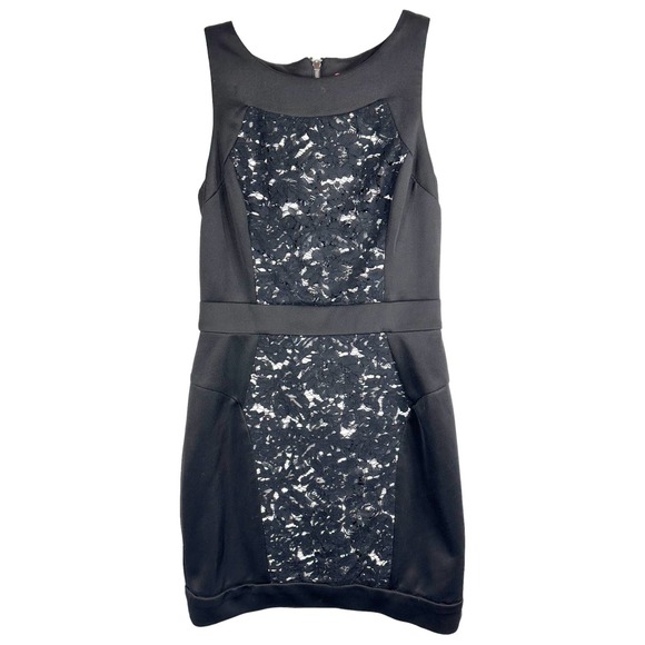 Betsey Johnson Size 6 Dress Sheath Black White Lace Mini Sleeveless Back Zip 517 - Picture 1 of 8